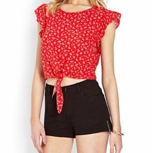 Forever 21 Red Floral Tie Front Crop Top